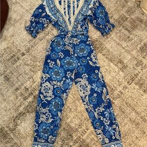 FARM Rio Blue and White Floral Jumpsuit with V-Neck
